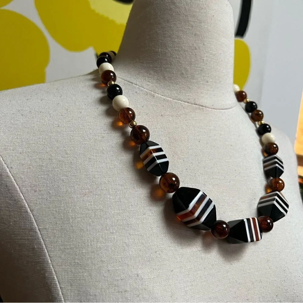 Gorgeous Neutral Tone Vintage 1970s 3D Geometric Block Beads Statement Necklace